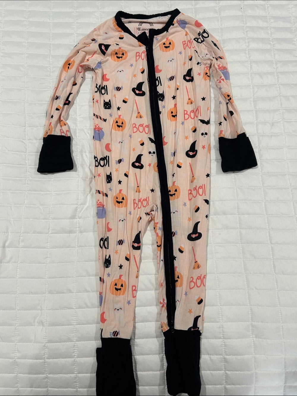 Halloween Print Pink Footed One-Piece Pajamas with Black Trim